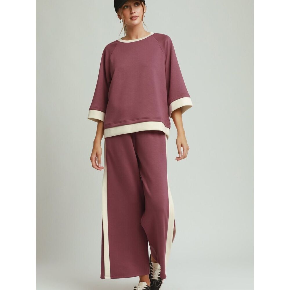 Umgee Colorblock Side Stripe Lounge Trouser in Dusty Rose with Cream Trim sz Sma